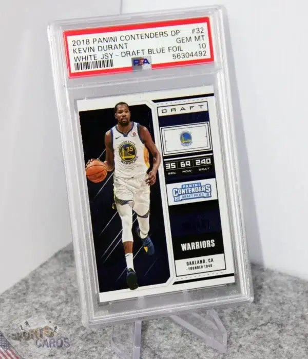 2018-19 Kevin Durant #32 Panini Contenders Draft Picks Blue Foil White Jersey Parallel PSA 10 GEM MT POP 1-stand