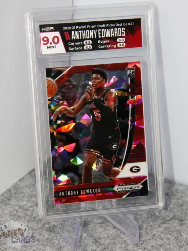2020-21 Anthony Edwards #41 Panini Prizm Draft Picks Red Ice Prizm RC HGA 9 MT-stand