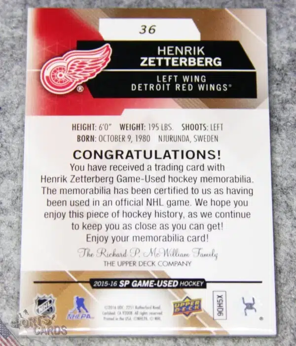 Alternative view of 2015-16 Henrik Zetterberg #36 Upper Deck SP Game Used Edition Patch