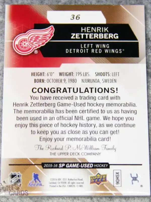 Alternative view of 2015-16 Henrik Zetterberg #36 Upper Deck SP Game Used Edition Patch
