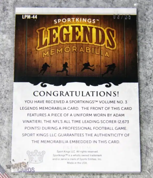 Alternative view of 2022 Adam Vinatieri #LPM-44 SportsKings Premium Legends Memorabilia Patch /25