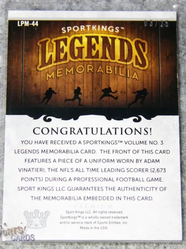 2022 Adam Vinatieri #LPM-44 SportsKings Premium Legends Memorabilia Patch /25-back