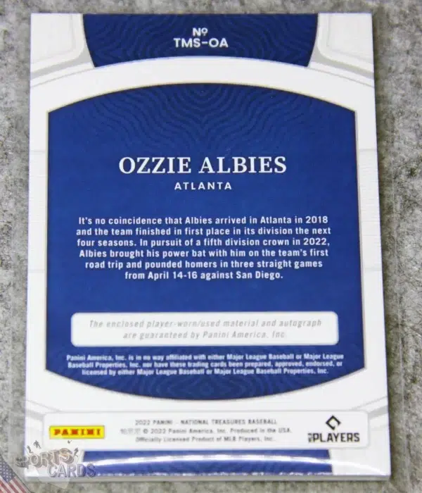 Alternative view of 2022 Ozzie Albies #TMS-OA Panini National Treasures Autograph Treasured Material /49