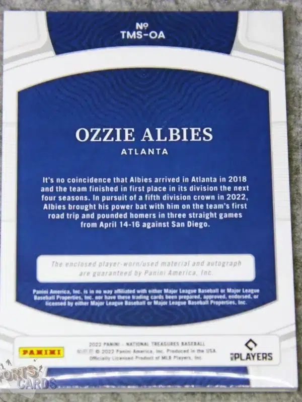 2022 Ozzie Albies #TMS-OA Panini National Treasures Autograph Treasured Material /49-back
