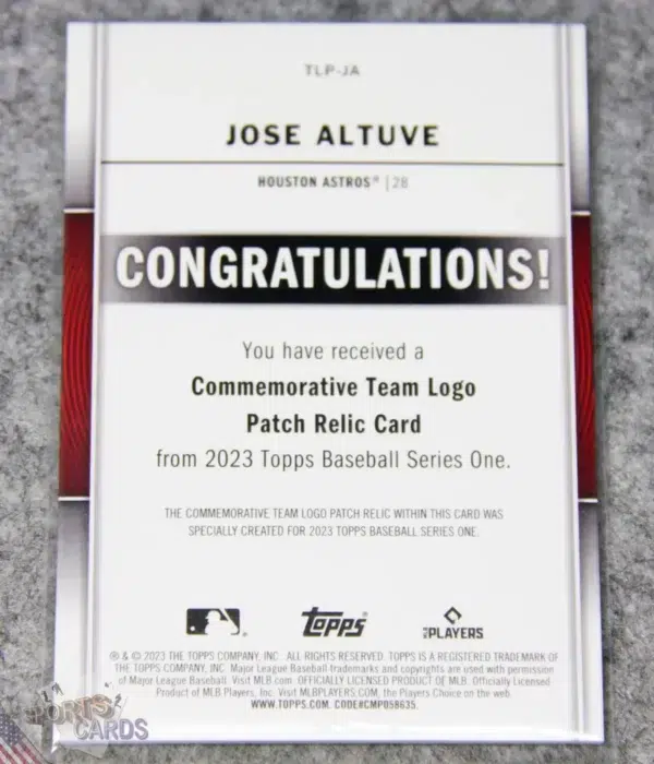 Alternative view of 2023 Jose Altuve #TLP-JA Topps Commemorative Team Logo Patch Relic Houston Astros