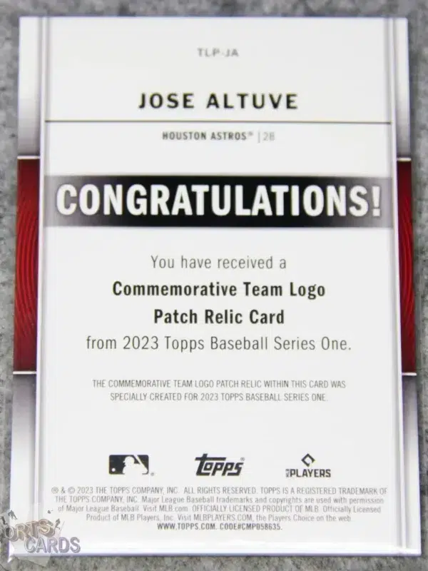 2023 Jose Altuve #TLP-JA Topps Commemorative Team Logo Patch Relic Houston Astros-back