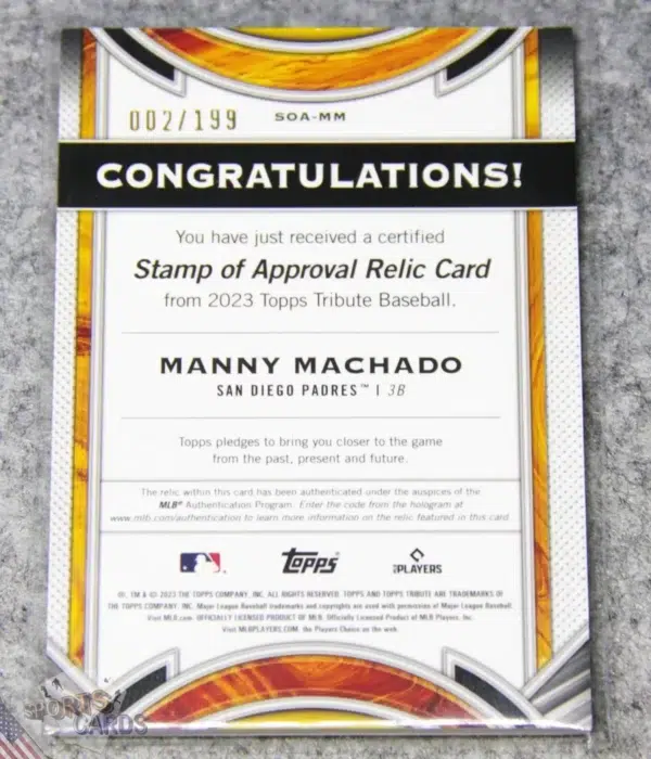 Alternative view of 2023 Manny Machado #SOA-MM Topps Tribute Stamp Of Approval Relic Patch /199