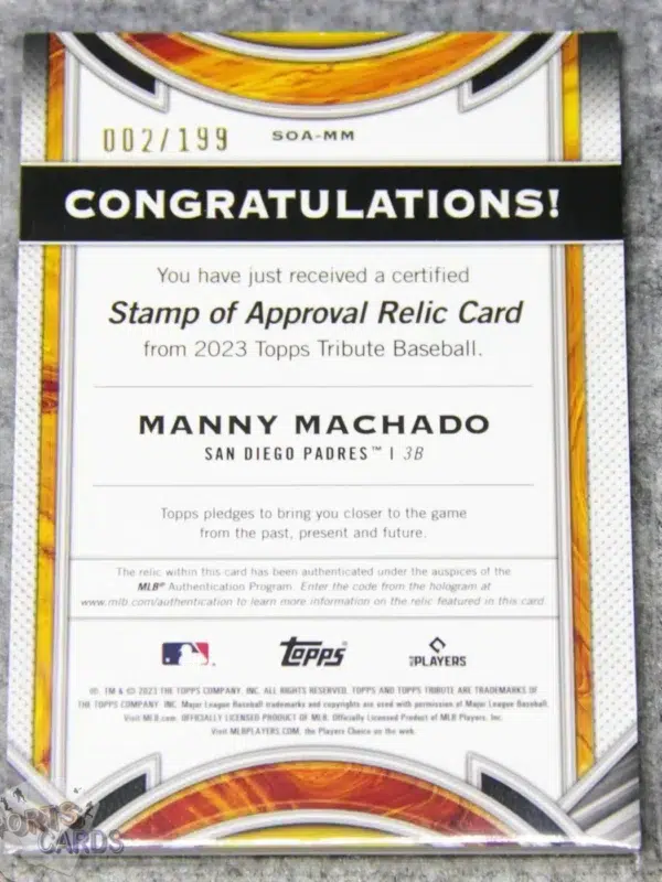 Alternative view of 2023 Manny Machado #SOA-MM Topps Tribute Stamp Of Approval Relic Patch /199