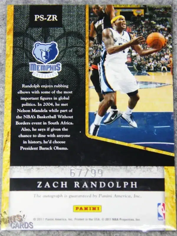 2011-12 Zach Randolph #PS-ZR Panini Private Signings Autograph /99-back