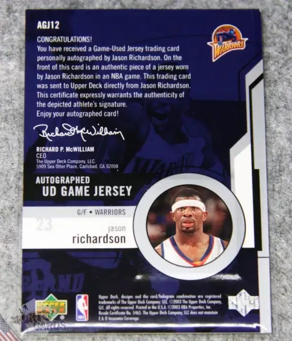 Alternative view of 2003-04 Jason Richardson #AGJ12 Upper Deck Autographed UD Game Jersey /890