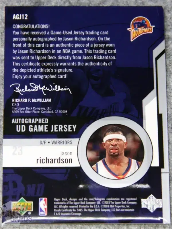 2003-04 Jason Richardson #AGJ12 Upper Deck Autographed UD Game Jersey /890-back