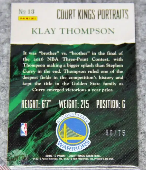 Alternative view of 2016-17 Klay Thompson #13 Panini Court Kings Portraits Red Parallel /75
