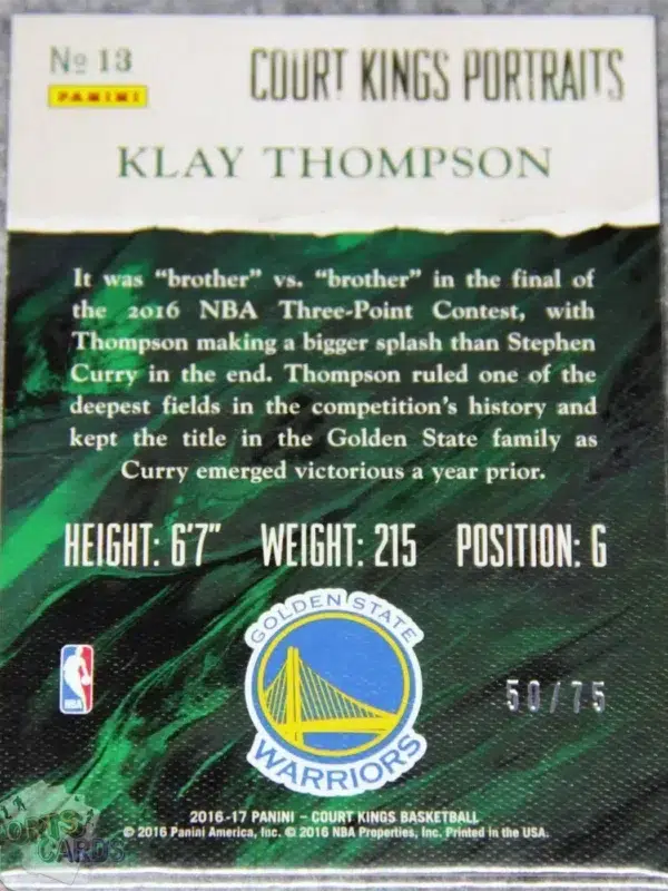2016-17 Klay Thompson #13 Panini Court Kings Portraits Red Parallel /75-back