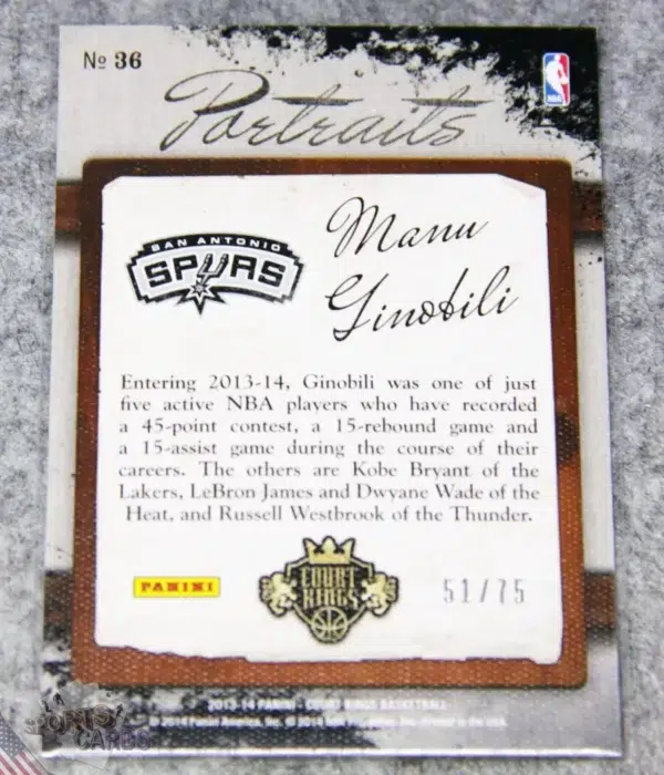 Alternative view of 2013-14 Manu Ginobili #36 Panini Court Kings Portraits Blue Framed /75