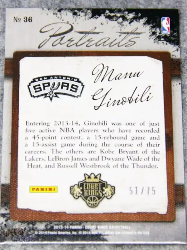 Alternative view of 2013-14 Manu Ginobili #36 Panini Court Kings Portraits Blue Framed /75