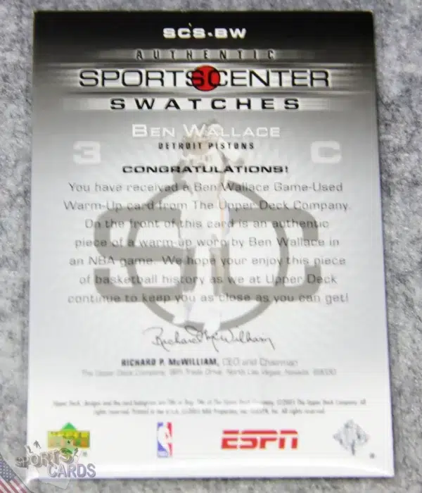 2005-06 Ben Wallace #SCS-BW Upper Deck ESPN SportsCenter Swatches-back