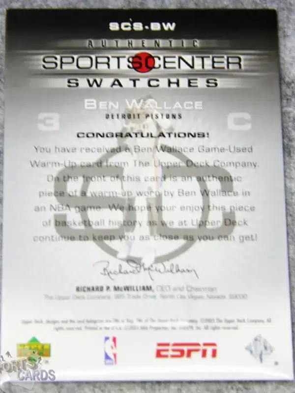 Alternative view of 2005-06 Ben Wallace #SCS-BW Upper Deck ESPN SportsCenter Swatches