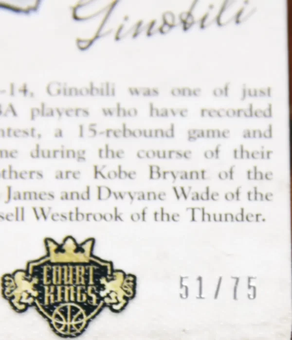 2013-14 Manu Ginobili #36 Panini Court Kings Portraits Blue Framed SN#51 - detail