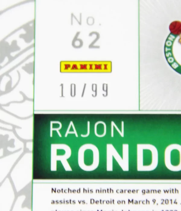 2014-15 Rajon Rondo #62 Panini Totally Certified Jerseys Purple Parallel Die-Cut SN#10 - detail