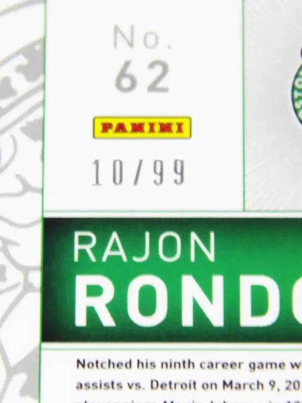 2014-15 Rajon Rondo #62 Panini Totally Certified Jerseys Purple Parallel Die-Cut SN#10 - detail