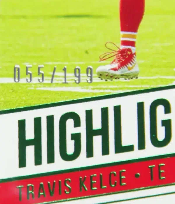 2020 Travis Kelce #HR-TK Panini Prestige Highlight Reel Xtra Points Green Parallel SN#55 - detail