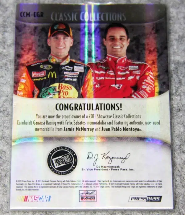 2011 Jamie McMurray - Juan Pablo Montoya #CCM-EGR PressPass Nascar Showcase Sheet Metal SN#33 - back