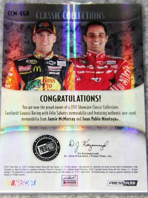 2011 Jamie McMurray - Juan Pablo Montoya #CCM-EGR PressPass Nascar Showcase Sheet Metal SN#33 - back
