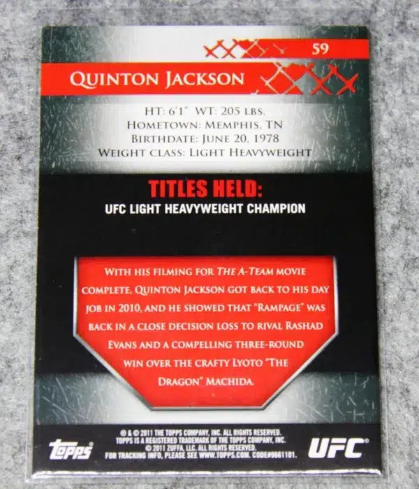 2011 Quinton Rampage Jackson #59 Topps UFC Light Heavyweight Champion Title Shot - back