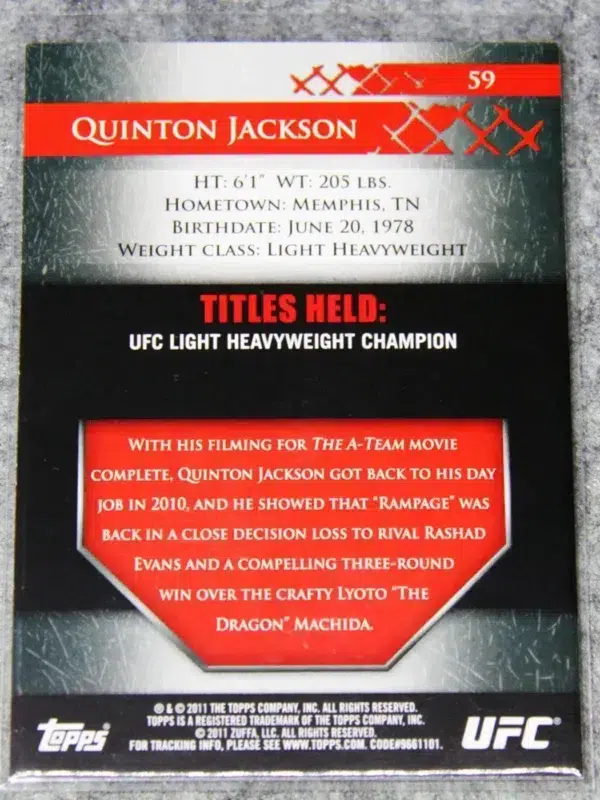 2011 Quinton Rampage Jackson #59 Topps UFC Light Heavyweight Champion Title Shot - back