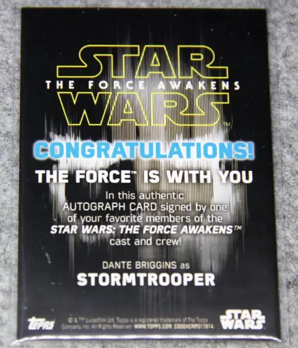 2016 Dante Briggins as Stormtrooper #DB-ST Topps Star Wars The Force Awakens Authentic Autograph - back