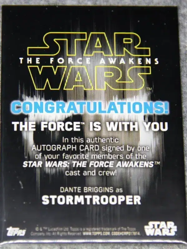 2016 Dante Briggins as Stormtrooper #DB-ST Topps Star Wars The Force Awakens Authentic Autograph - back