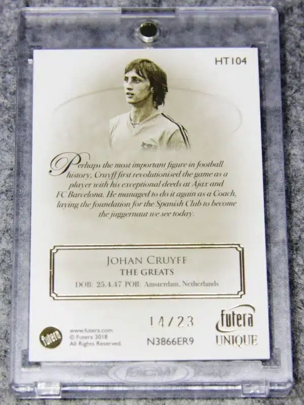 2018 Johan Cruyff #HT104 Futera Unique World Football Heritage Gold SN#14 - back