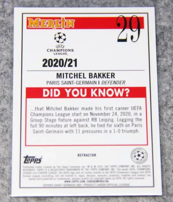2020-21 Mitchel Bakker #29 Topps Merlin Chrome UEFA Champions League - back