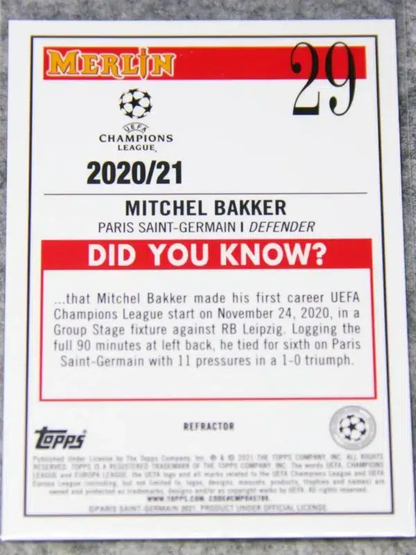 2020-21 Mitchel Bakker #29 Topps Merlin Chrome UEFA Champions League - back