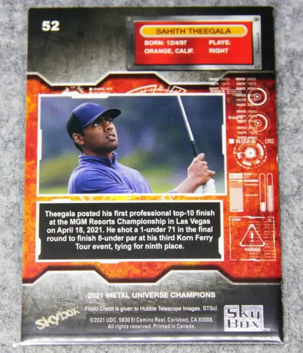 2021 Sahith Theegala #52 Skybox Metal Universe Champions - back
