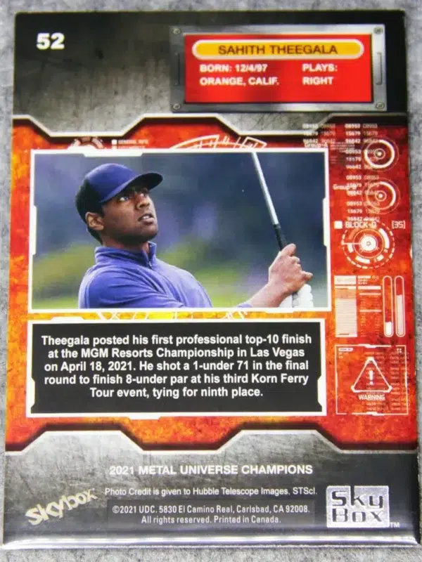 2021 Sahith Theegala #52 Skybox Metal Universe Champions - back