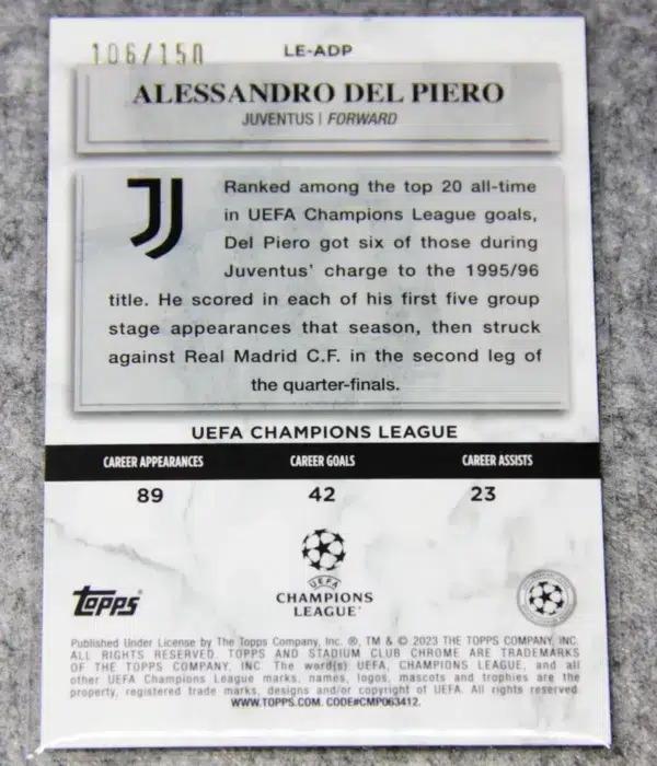 2022-23 Alessanro Del Piero #LE-ADP Topps Stadium Club Chrome UEFA Champions League Pink Wave SN#106 - back