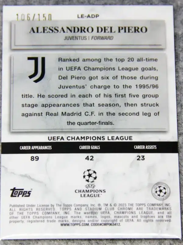 2022-23 Alessanro Del Piero #LE-ADP Topps Stadium Club Chrome UEFA Champions League Pink Wave SN#106 - back