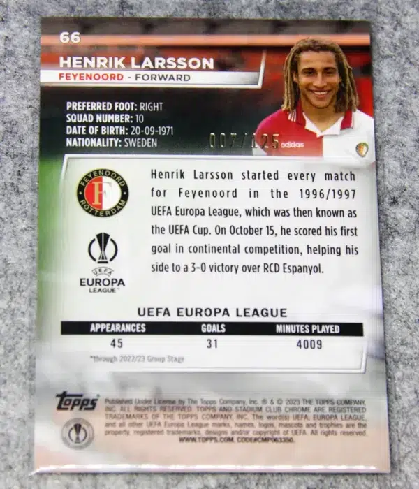 2022-23 Henrik Larsson #66 Topps Stadium Club Chrome UEFA Europa League Green Yellow Electric SN#7 - back