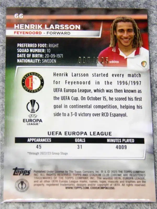 2022-23 Henrik Larsson #66 Topps Stadium Club Chrome UEFA Europa League Green Yellow Electric SN#7 - back