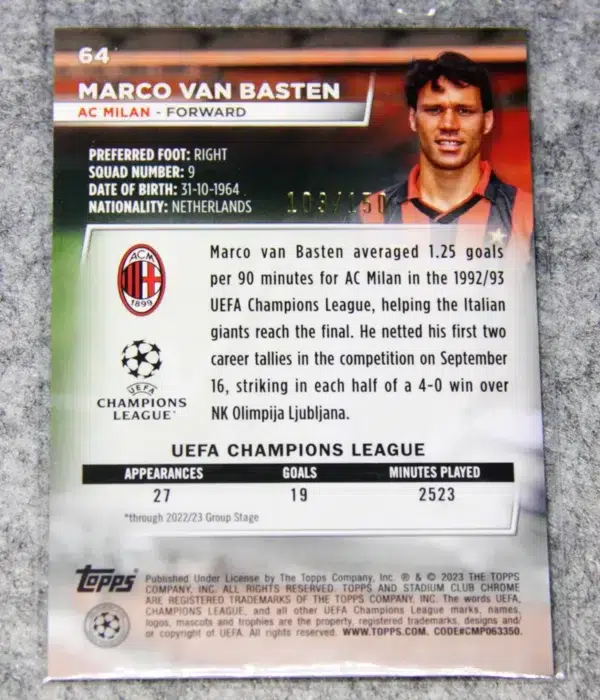2022-23 Marco van Basten #64 Topps Stadium Club Chrome UEFA Champions League Pink Wave SN#103 - back
