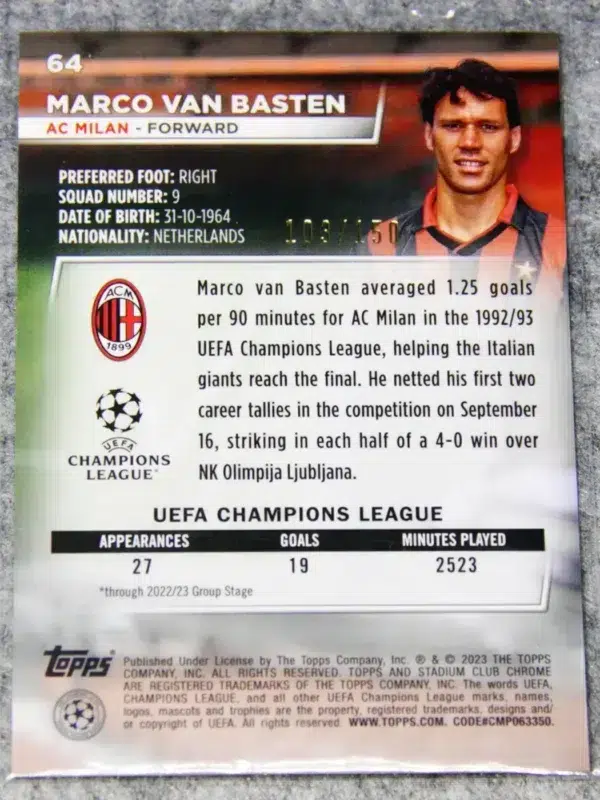 2022-23 Marco van Basten #64 Topps Stadium Club Chrome UEFA Champions League Pink Wave SN#103 - back