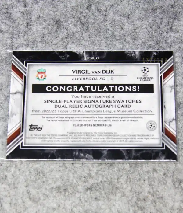 2022-23 Virgil van Dijk #SPSD-VD Topps Museum Collection UEFA Champions League Dual Relic Autograph SN#132 - back