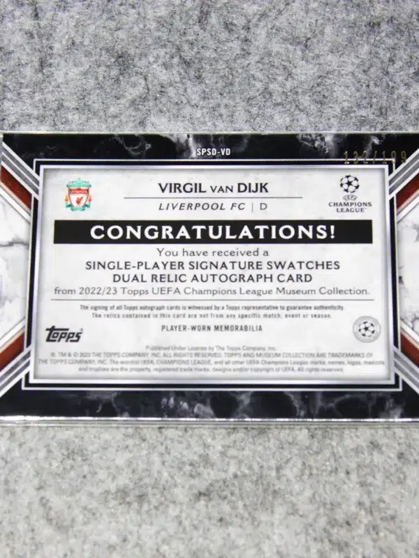 2022-23 Virgil van Dijk #SPSD-VD Topps Museum Collection UEFA Champions League Dual Relic Autograph SN#132 - back