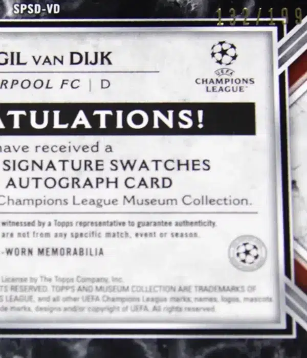 2022-23 Virgil van Dijk #SPSD-VD Topps Museum Collection UEFA Champions League Dual Relic Autograph SN#132 - detail