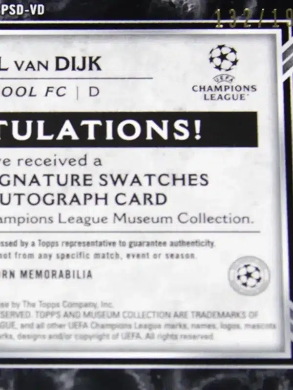 2022-23 Virgil van Dijk #SPSD-VD Topps Museum Collection UEFA Champions League Dual Relic Autograph SN#132 - detail