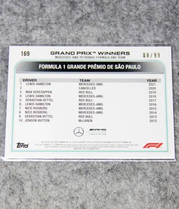 2022 Lewis Hamilton #169 Topps F1 GP Winner Brazil Blue Refractor SN#8 - back