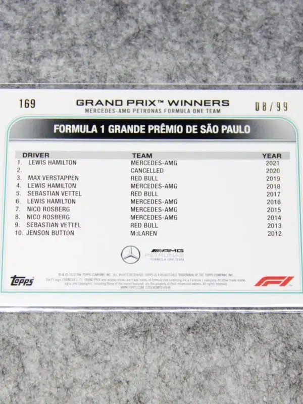 2022 Lewis Hamilton #169 Topps F1 GP Winner Brazil Blue Refractor SN#8 - back