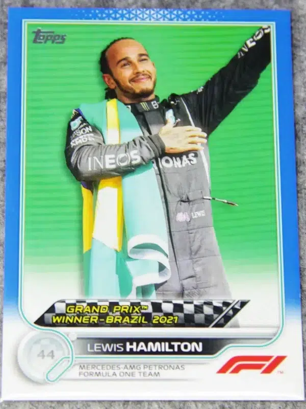 2022 Lewis Hamilton #169 Topps F1 GP Winner Brazil Blue Refractor SN#8 - front
