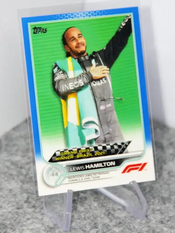 2022 Lewis Hamilton #169 Topps F1 GP Winner Brazil Blue Refractor SN#8 - stand